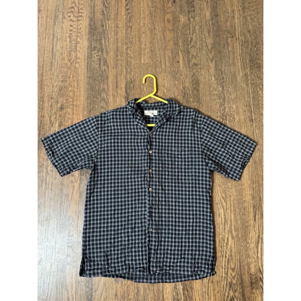 Fonte 100% Silk Mens Plaid Short Sleeve Button Down Shirt Size Medium Black Blue